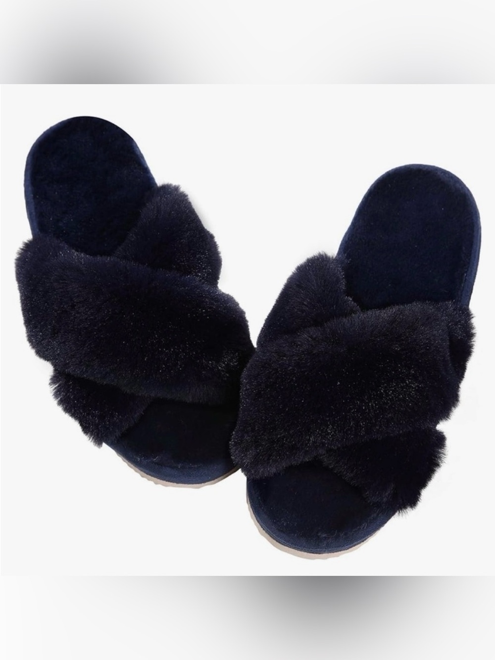 Navy Blue Plush Open-Toe Slippers with Fuzzy Cross Straps. NWOT. Size 8-9